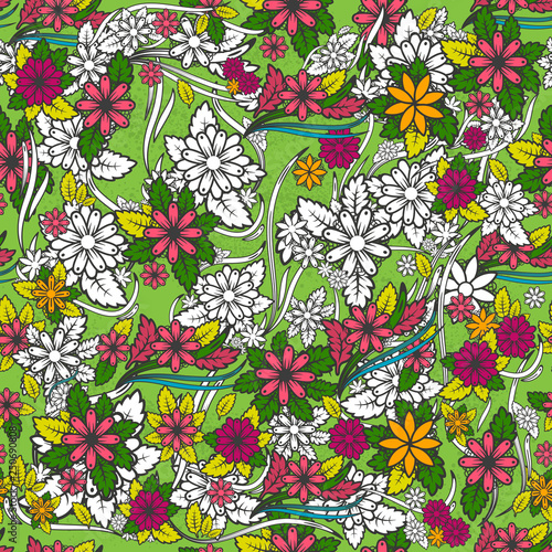 Seamless vector pattern with flowers and leaves on a light green background