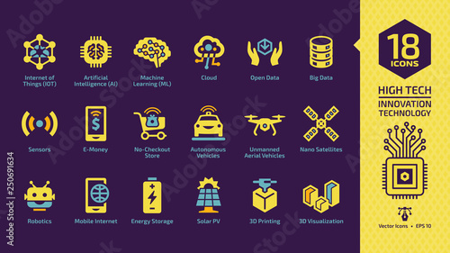 Vector high tech innovation technology yellow glyph icon set on a dark violet background with smart digital wireless system for future business: cloud computing, big data, sensors, e-money sign