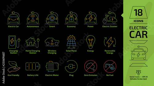 Electric vehicle and charger editable stroke outline icon set on a black background with green eco electricity hybrid car, charging station, e plug, battery and ev motor scooter line sign.