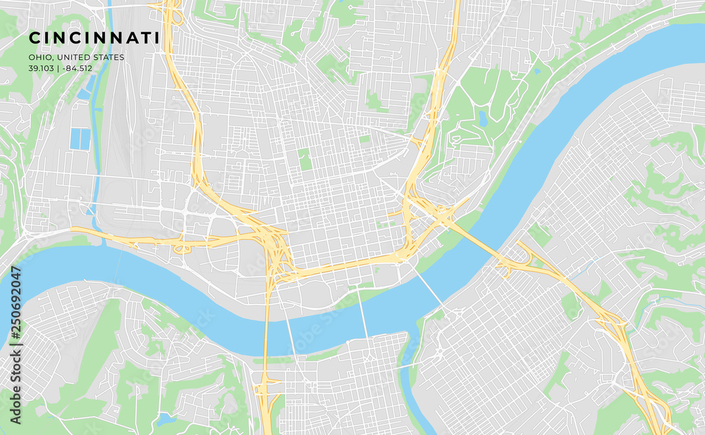 Printable street map of Cincinnati, Ohio