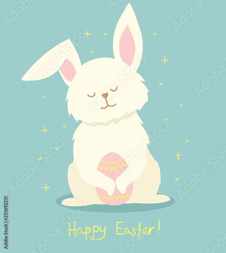 Vector card with cute rabbits and hand drawn text - Happy Easter in the flat style