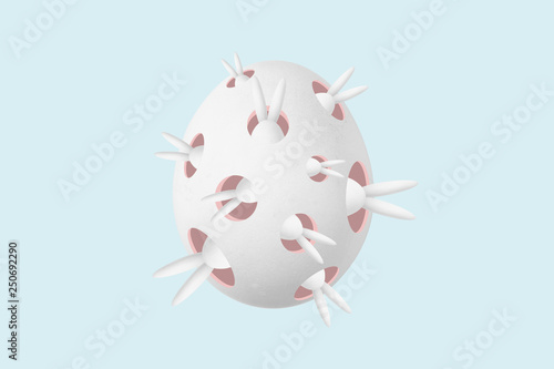 illustration of stylized easter rabbit peeking from holes in an egg, surreal image on blue background