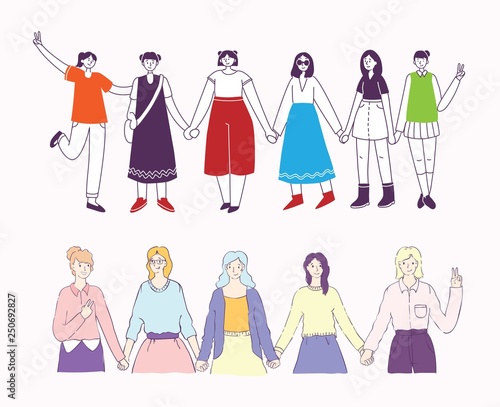 Colorful vector illustration concept of Happy Women's internarional day . Group of happy female friends, union of feminists, sisterhood holding hands in flat design 