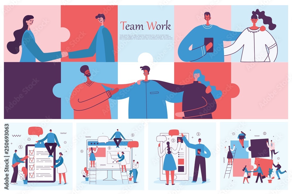 Vector illustration of the office concept business people in the flat style. E-commerce and team work business puzzle concept Vector illustration of the office concept business people in the flat style. E-commerce and team work business puzzle concept