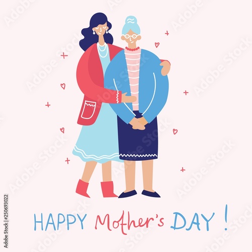 Colorful vector illustration concept of Happy Mother's day. Daughter with the old mother in the flat design for greeting cards, posters and backgrounds 