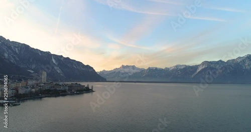 aerial view of montreux with lake of geneva and swiss alp in the background