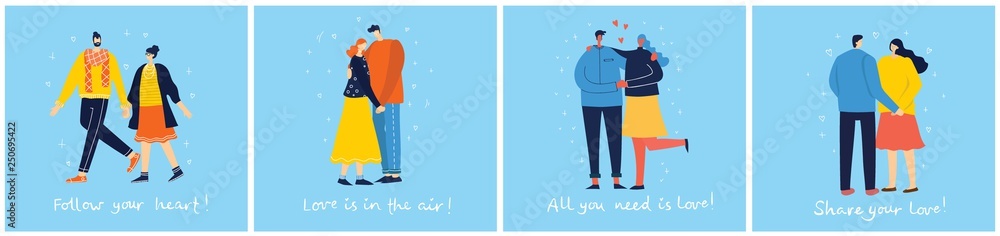 Concept of group of young people jumping on blue background, hugging coule in love. Stylish modern vector illustration cards with happy male and female teenagers and hand drawing motivative quotes Concept of group of young people jumping on blue background, hugging coule in love. Stylish modern vector illustration cards with happy male and female teenagers and hand drawing motivative quotes