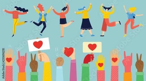Share your Love. Hands with hearts, phone and banner with hearts and happy dancing girls as love massages. Vector illustration for Valentine's day in the modern flat style