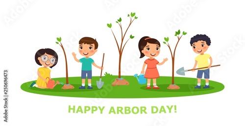 17.	Vector scenes on environmental issues. Boys and girls for planting and watering trees.