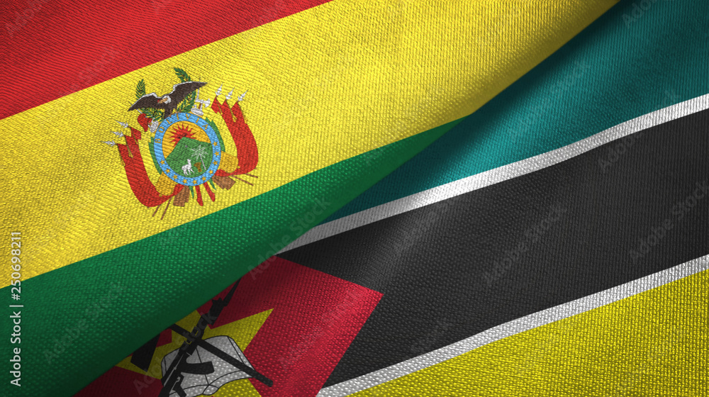 Fototapeta premium Bolivia and Mozambique two flags textile cloth, fabric texture