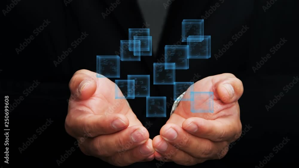Block chain technology on hands of businessman. Block chain technology on hands of businessman.