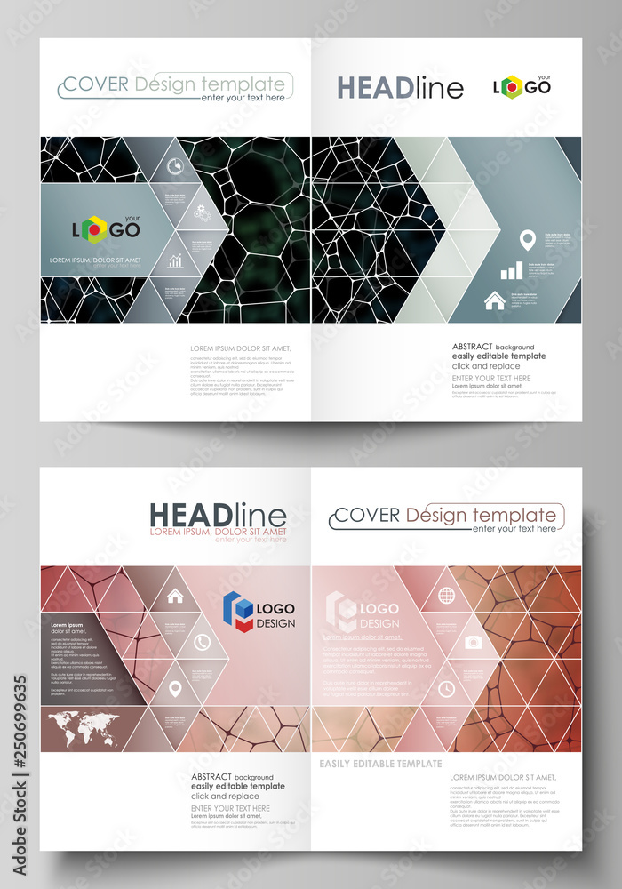 Fototapeta premium Business templates for bi fold brochure, flyer. Cover design template, vector layout in A4 size. Chemistry pattern, molecular texture, polygonal molecule structure, cell. Medicine microbiology concept