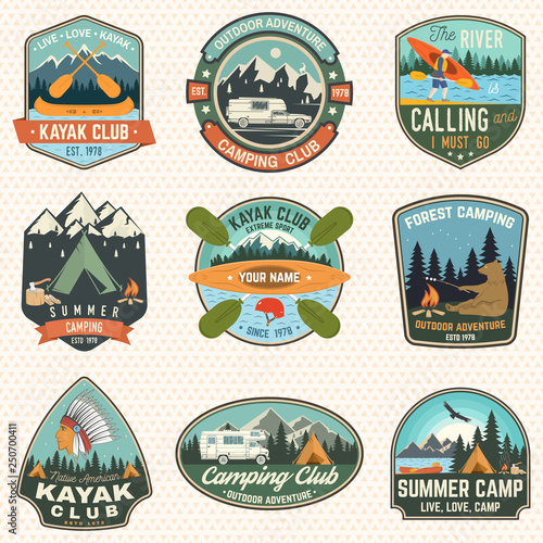 Set of summer camp, canoe and kayak club badges. Vector. Concept for patch. Retro design with camping, mountain, river, american indian and kayaker silhouette. Extreme water sport kayak patches