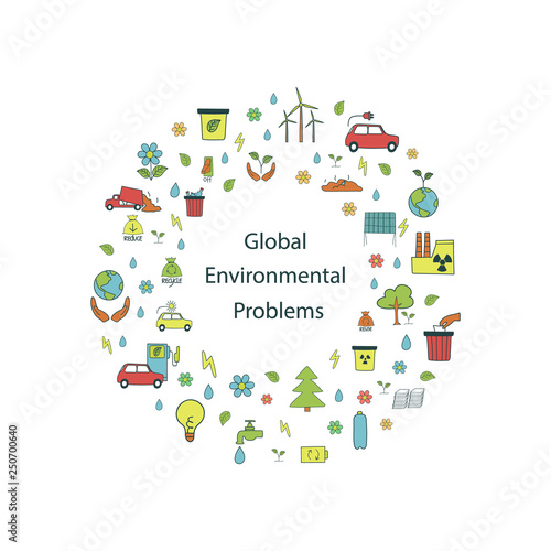 Global environmental problems concept. Colorful frame with hand drawn symbols of the ecology pollution concept. Modern round frame for web design and print