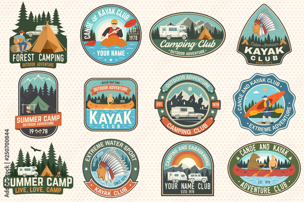 Obraz premium Set of summer camp, canoe and kayak club badges. Vector. For patch. Design with camping, mountain, river, american indian and kayaker silhouette. Extreme camp and water sport kayak patches