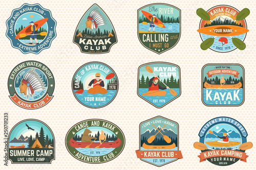 Set of canoe and kayak club badges Vector. Concept for patch, shirt, print or tee. Vintage design with mountain, river, american indian and kayaker silhouette. Extreme water sport kayak patches