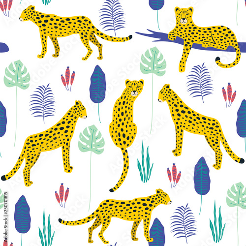 Seamless pattern with leopards and tropical leaves. Vector