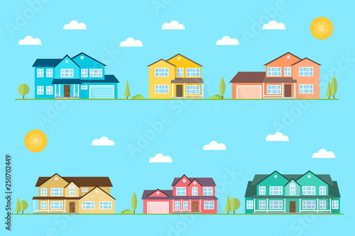 Neighborhood with homes illustrated on the blue background. Vector flat icon suburban american houses day. For web design and application interface, also useful for infographics. Vector.