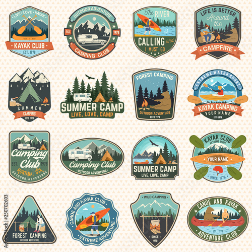 Set of camp and kayak club badges Vector. Concept for patch, print. Vintage design with camping, mountain, river, american indian, camper, kayaker silhouette. Extreme water sport kayak patches