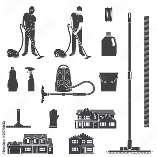 Cleaning icon silhouette for emblems and labels. Set include man with vocuum cleaner, eguipment, houses. Vector illustration.