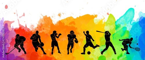Color sport background. Football, soccer, basketball, hockey, box, tennis, baseball. Vector illustration colorful people silhouettes