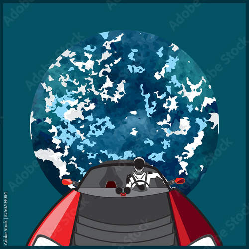 Star man in space suit on electric car and "Don't panic!"in open space, shipped in February, 2018. Illustration with astronaut in space withblue Earth and toy car  for poster.
