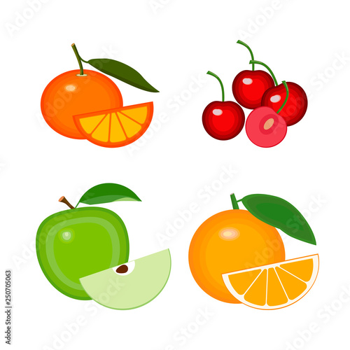Fruits vector collections. Set of full and half fruits are apple, orange, cherries and tangerine. Illustration isolated on white background