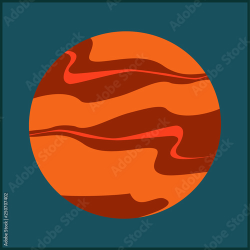 Mars vector illustration. Red isolated planet and sky. Hand drawn vector illustration with cartoon mars logo, poster, postcard, clothing print, flyer. Orange and red planet with clouds in night sky.