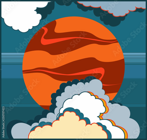 Mars vector illustration. Red isolated planet and sky. Hand drawn vector illustration with cartoon mars logo, poster, postcard, clothing print, flyer. Orange and red planet with clouds in night sky.