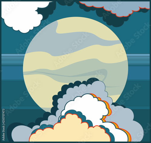 Full moon vector illustration. Planet and sky hand drawn vector illustration. Cartoon moon for logo, poster, postcard, clothing print, flyer. Blue yellow moon and clouds in night sky. Isolated object.