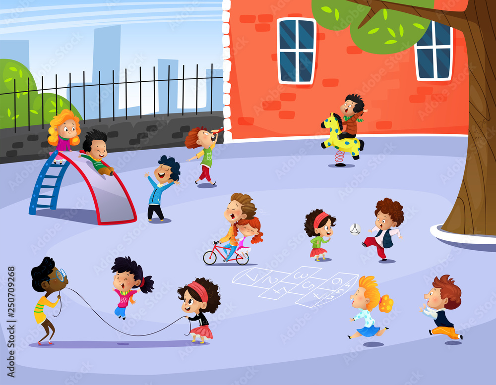 Vector illustration of happy children playing in playground Stock ...