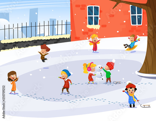 Fototapeta Naklejka Na Ścianę i Meble -  Cute children playing. Winter child's outdoor activities