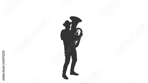 Silhouette of a jazz man in hat playing tuba, Full HD footage with alpha transparency channel isolated on white background photo
