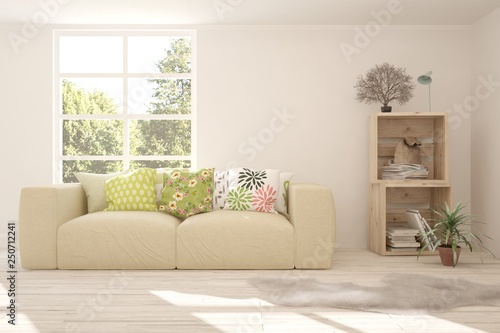 White stylish minimalist room with sofa and summer landscape in window. Scandinavian interior design. 3D illustration © AntonSh