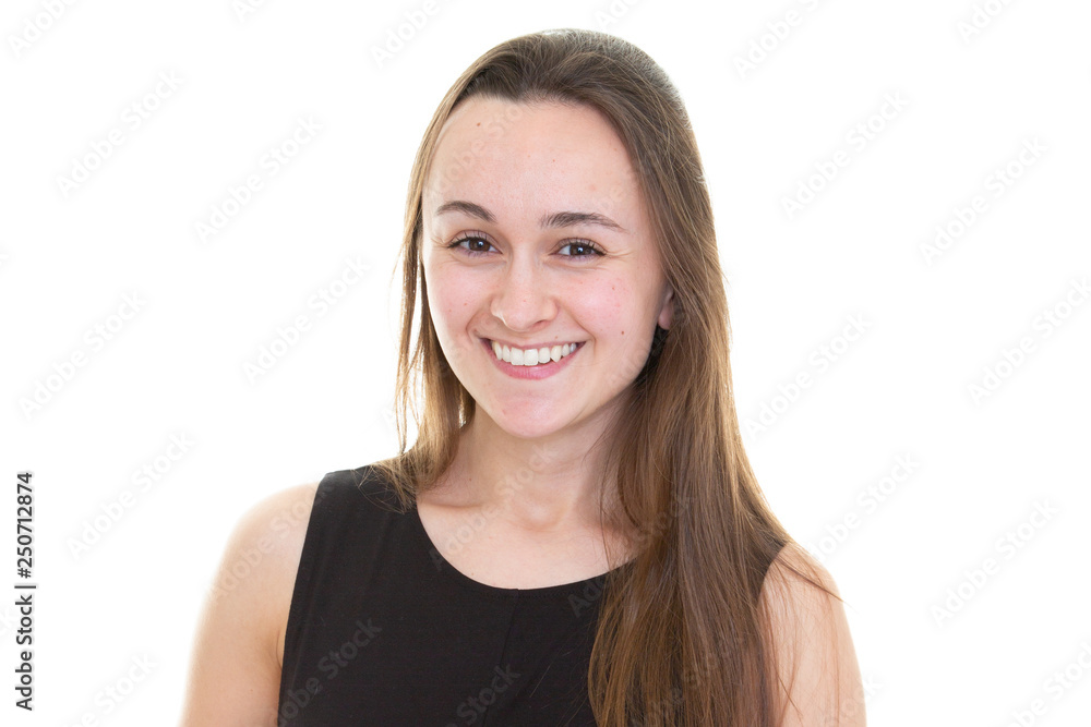 Young attractive confident smiling girl portrait isolated on white background Young attractive confident smiling girl portrait isolated on white background