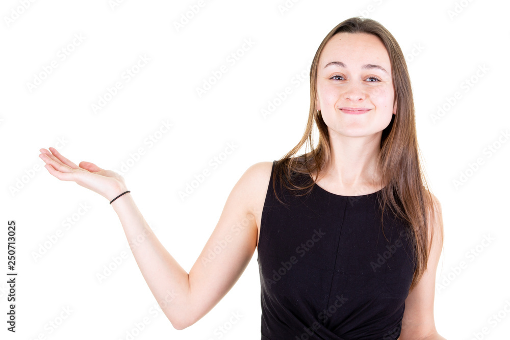 cute pretty young woman smiling and holding copyspace on palm cute pretty young woman smiling and holding copyspace on palm