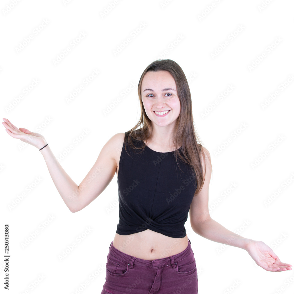 Happy young woman holding copyspace on both two palms Happy young woman holding copyspace on both two palms