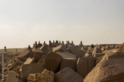 Bedouins on horses and camels in the desert photo