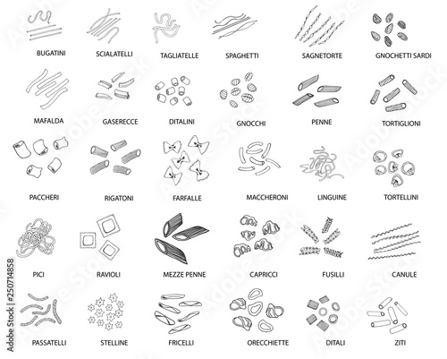 Hand drawn large set of different types of Italian pasta. Vector linear illustration.