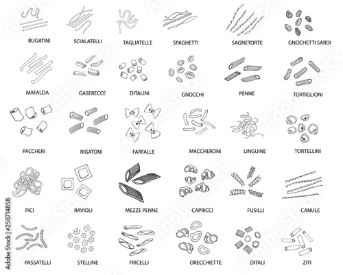 Hand drawn large set of different types of Italian pasta. Vector linear illustration.