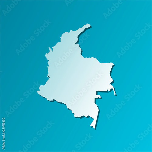 Vector isolated illustration icon with light blue silhouette of simplified map of Colombia. Bright blue background with shadow