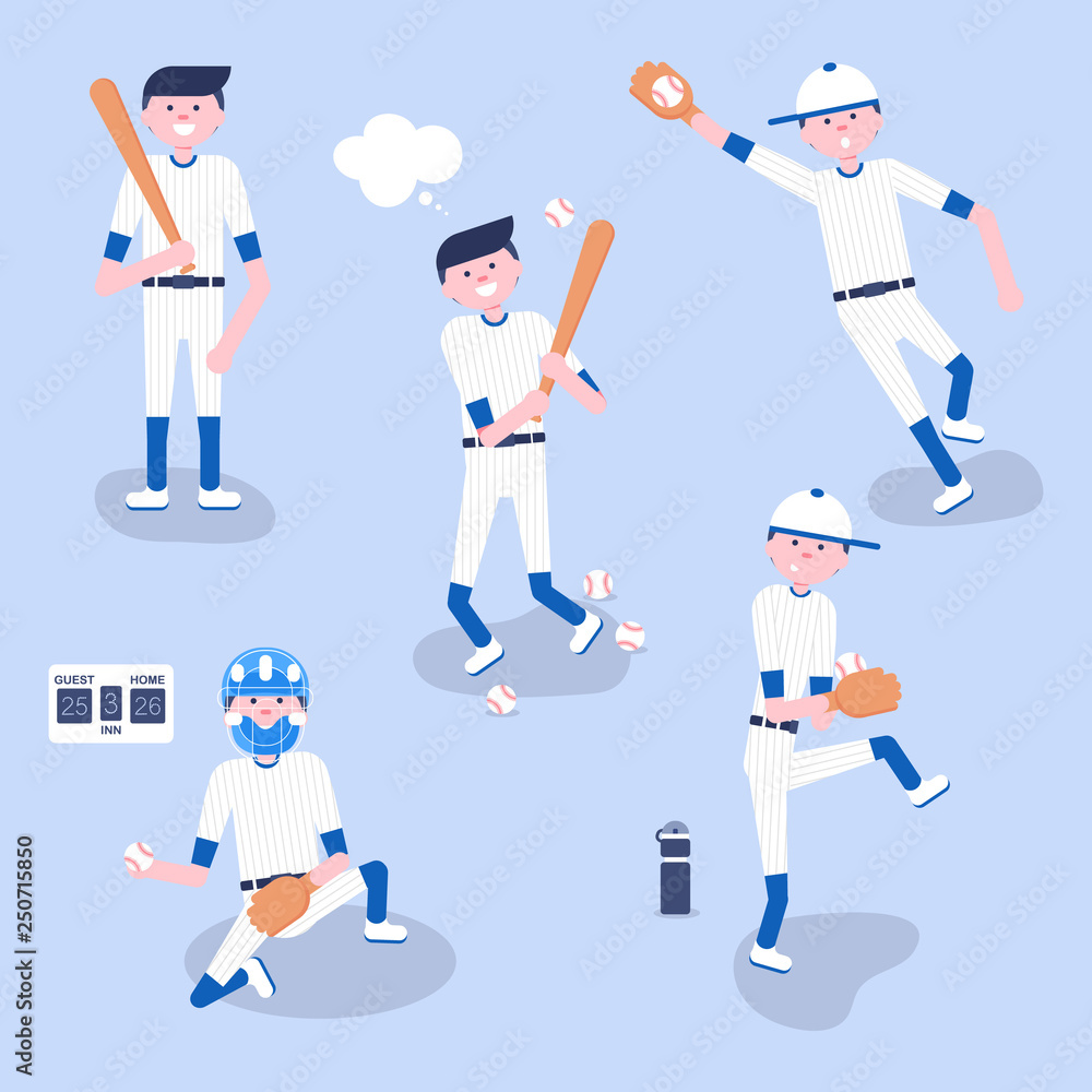 Vector Illustration. Set of baseball  cartoon players: catcher, pitcher in modern flat style. Baseball equipment icon. Baseball characters team