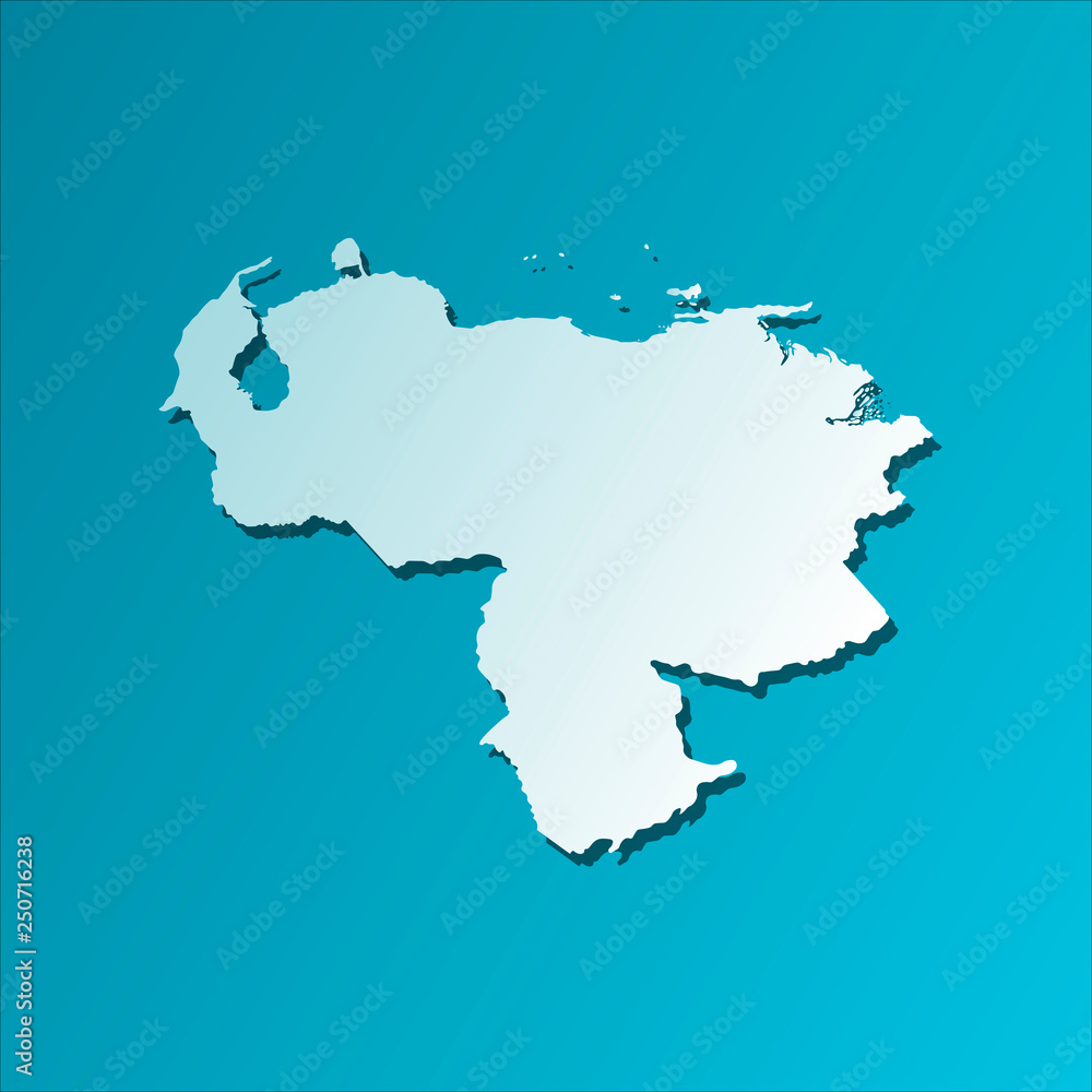 Vector isolated illustration icon with light blue silhouette of simplified map of Venezuela. Bright blue background with shadow
