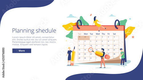 Planning vector illustration. Flat mini persons concept with schedule calendar. System to organize daily routine.