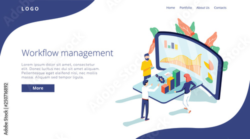 People work in a team and interact with graphs. Business, workflow management and office situations. Landing page