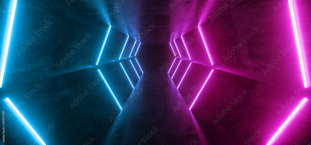Neon Glowing Retro Futuristic Sci Fi Dance Fluorescent Luxurious Luminous Lines Blue Purple Lights In Empty Dark Stage Alien Corridor Tunnel Grunge Concrete 3D Rendering