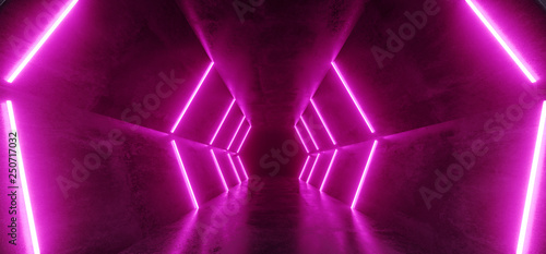 Neon Glowing Retro Futuristic Sci Fi Dance Fluorescent Luxurious Luminous Lines Pink Purple Lights In Empty Dark Stage Alien Corridor Tunnel Grunge Concrete 3D Rendering © IM_VISUALS