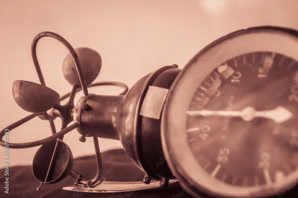 Fototapeta premium Vintage old hemispherical cup anemometer, a device used for measuring the speed of wind, and is also a common weather station instrument.