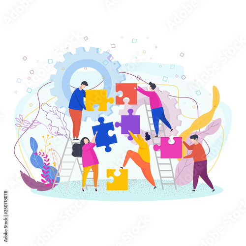 Teamwork concept with tiny people characters flat vector.