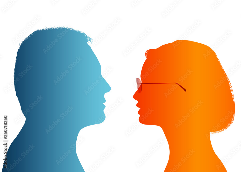 Talking between a man and a woman. Dialogue between people. Communication between businesswoman and businessman. Discussing between couple. Vector Silhouette of colored profile